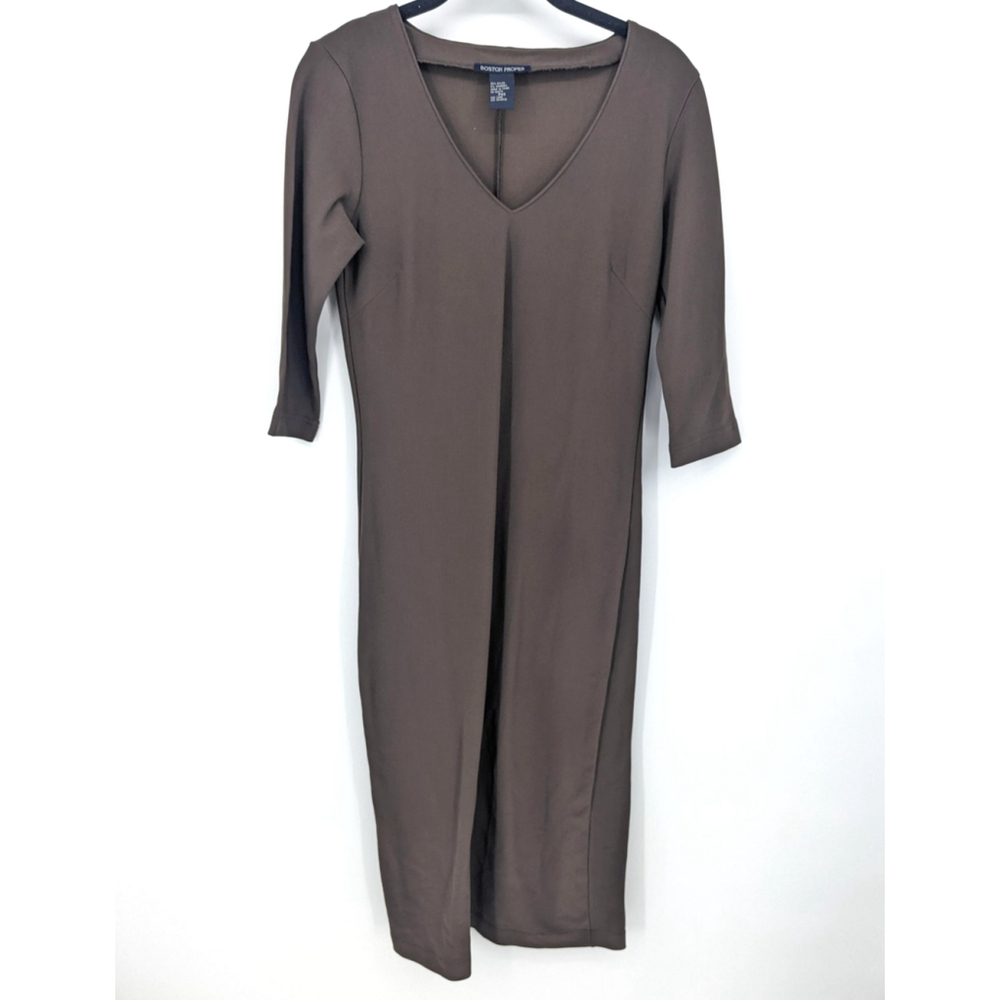 Boston Proper Dress Womens PXS Brown 3/4 Sleeve Midi Stretch Bodycon Nylon Blend